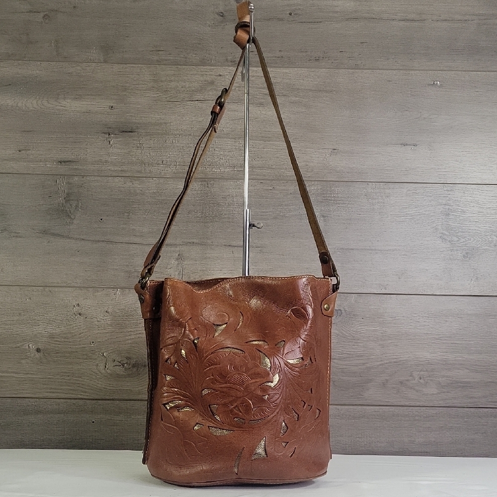 Patricia Nash Tooled Perforated Brown Leather Tote Shoulder Bag